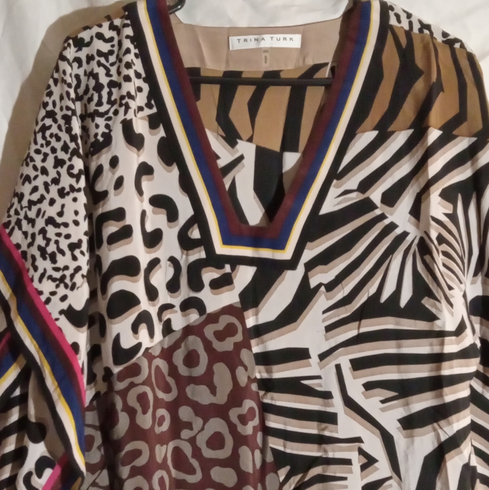 🩷💚⚜️Trina Turk⚜️🩷💚Womens Silk Caftan Multicolor Patterned Theodora Maxi XS/S